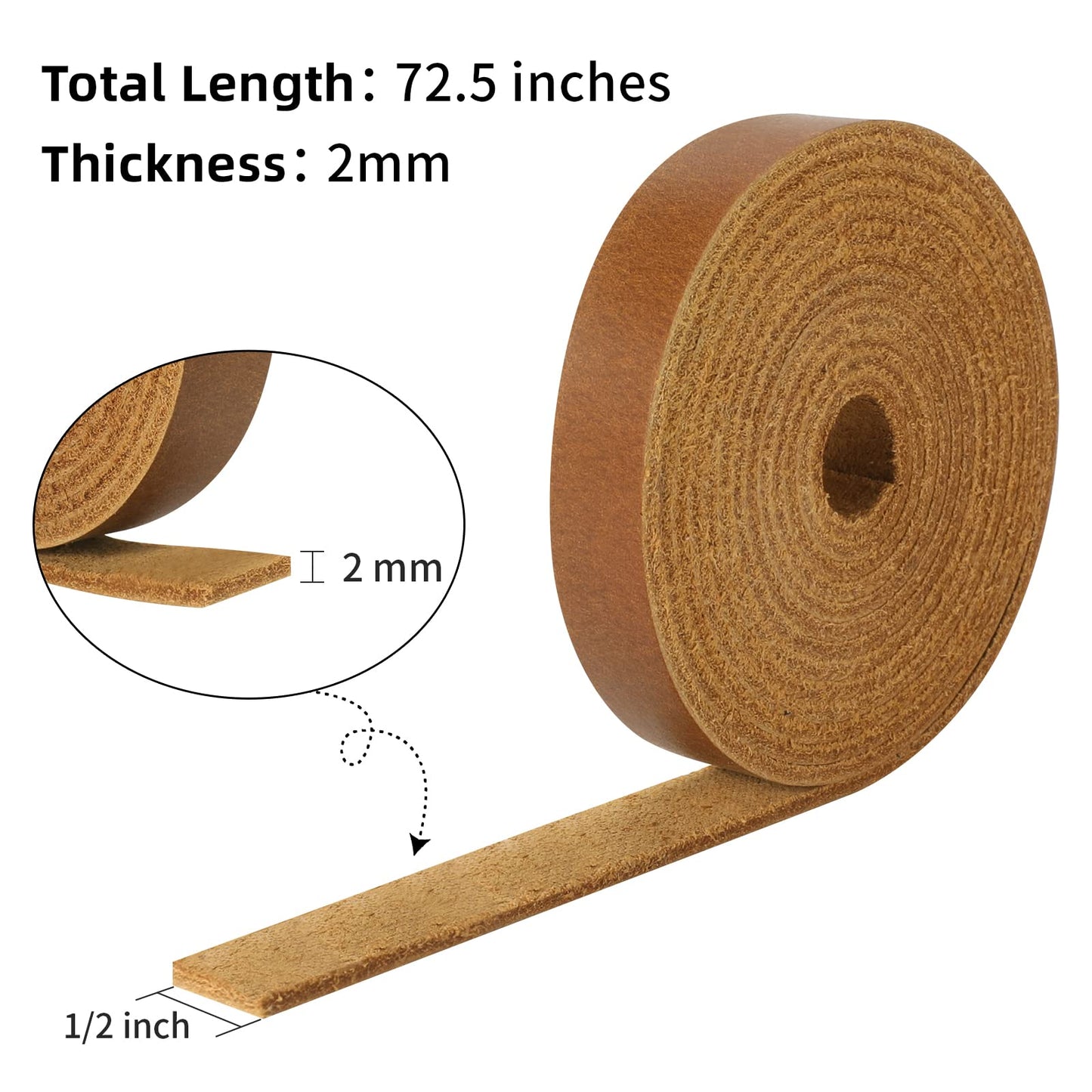 Ringsun 1/2 Inch Wide Flat Leather Straps for Crafts, Full Grain Leather Strips Cord String for Crafts, Tooling (2mm Thick 72.5 Inches Long Bourbon Brown)