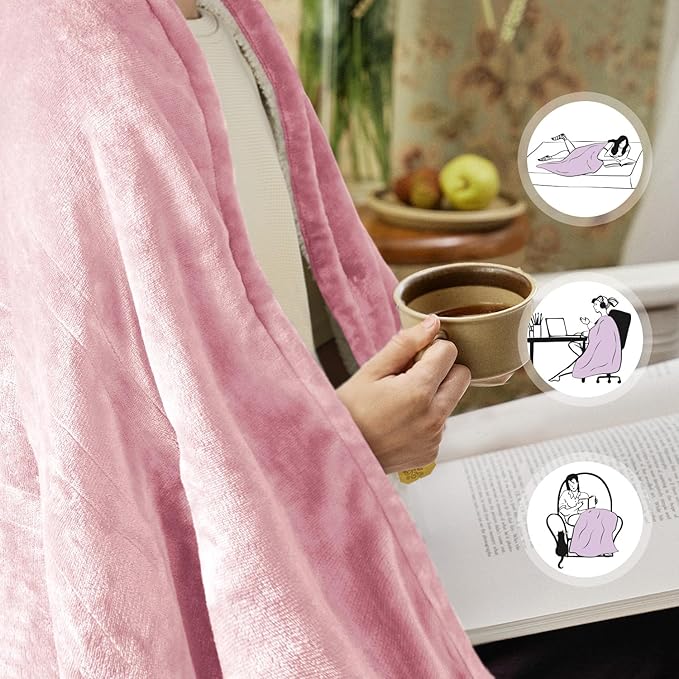 Heated Blanket Throw 50"x60", ETL & FCC Certified Electric Blanket with 3-Hour Timer Auto-Off & 5 Heating Levels, Overheat Protection, Machine Washable - Pale Pink