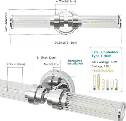 Bathroom Light Fixtures, Chrome Wall Sconce in Threaded Glass Indoor Vanity Lights, Modern Bathroom Vanity Light Up and Down Sconces Wall Lighting for Bathroom, Living Room - Bulb Not Included