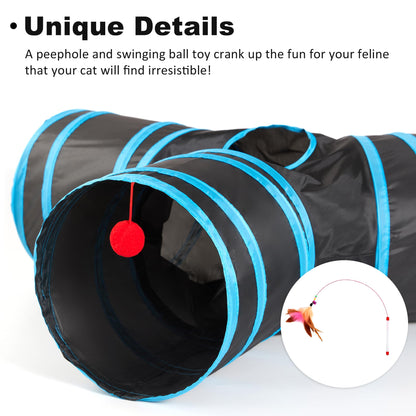 Love's cabin Cat Tunnel Tube Toys 3 Way Collapsible, Cat Tunnels for Indoor Cats，Kitten Tunnel Bored Pet Play Tunnel with Peek Hole Toy Ball for Kitty, Kitten, Rabbit, Puppy Blue