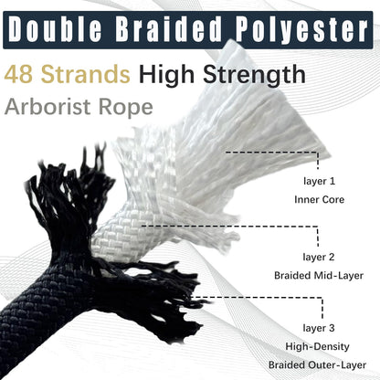 1/2 Inch Arborist Tree Pulling Rope - 100 Feet Tree Swing Rope for Rigging, Outdoor Use - High Strength Double Braided Polyester 48 Strands - Black