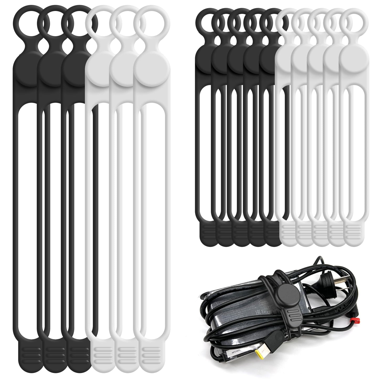 Nearockle Silicone Cable Ties Cord Organizer Cable Management, 16Pcs 4.2" and 7.1" Reusable Cable Organizer Electronic Accessories for Home, Office, Kitchen, School, Travel(Black&White)