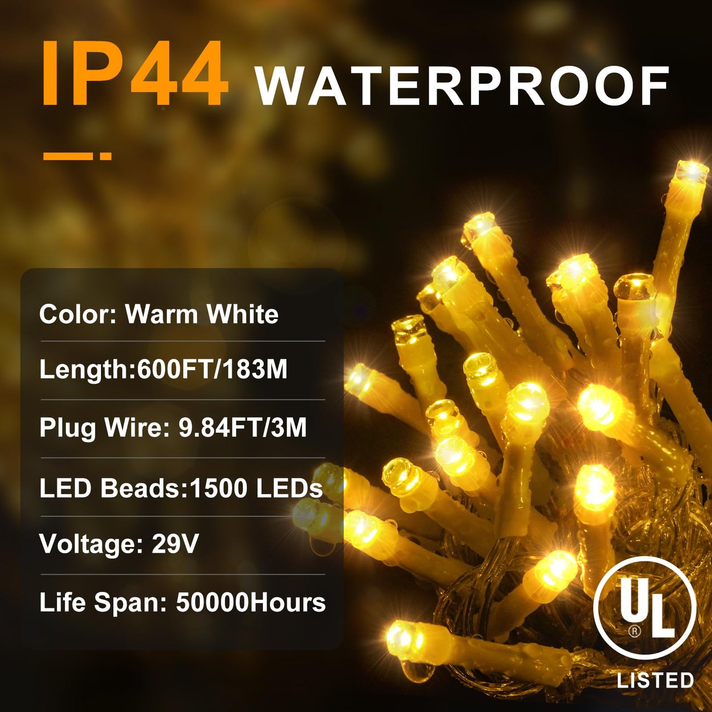 KNONEW 600ft 1500 LED Christmas String Lights Outdoor 8 Lighting Modes & Timer Dimmable Fairy Light Plug in Waterproof for Xmas Roof Yard Tree Wedding Party Holiday Decorations (Warm White)