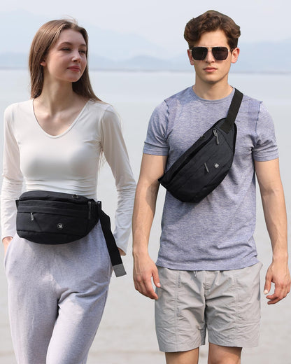 WATERFLY Fanny Pack for Men Women Water Resistant Large Hiking Waist Bag Pack Carrying All Phones for Running Walking Traveling (Black)