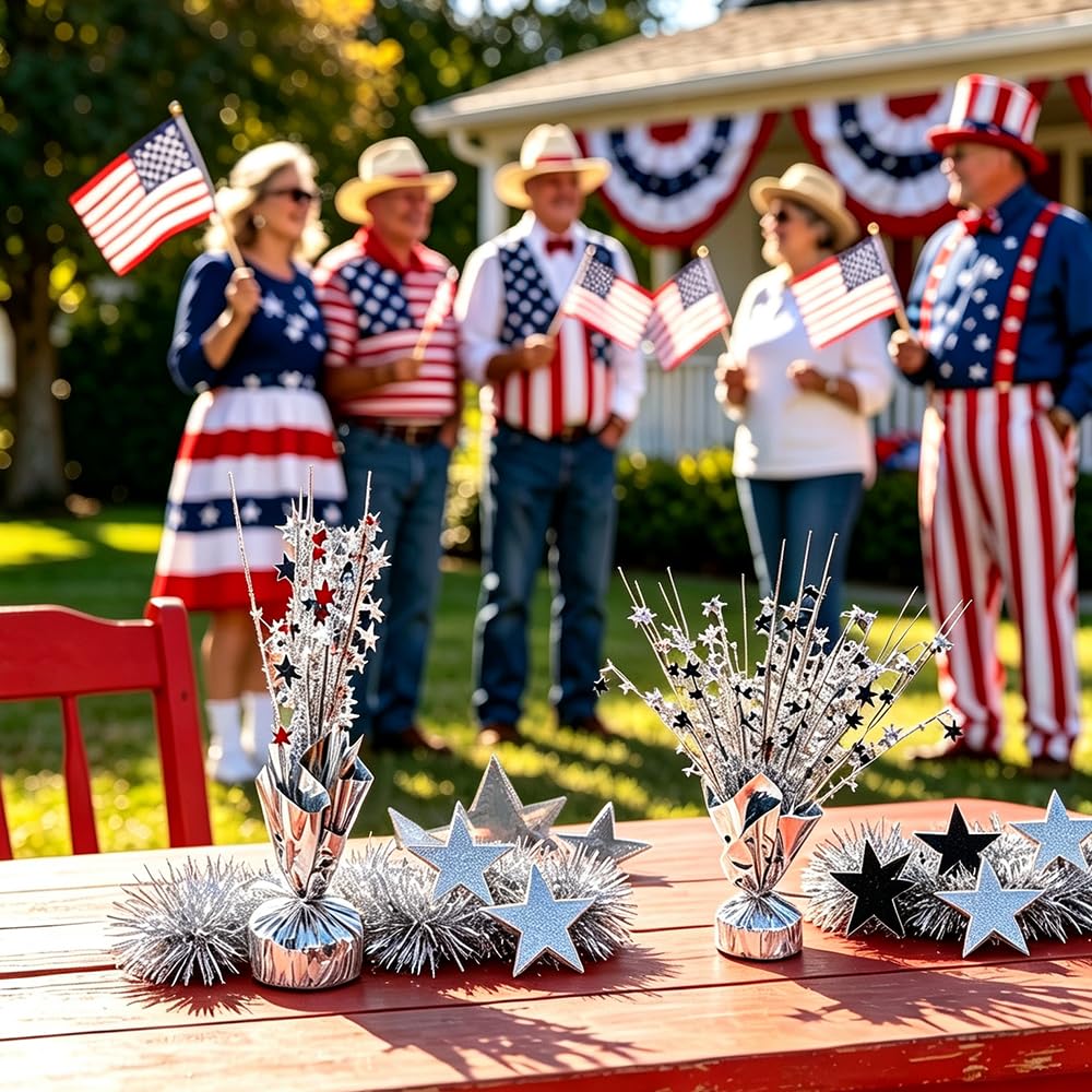 Silver Star Spray Table Centerpieces, 6 Pack Sparkly Silver Starburst Table Toppers, Foil Star Party Decorations for Birthday Graduation 4th of July Wedding New Year Table Decor