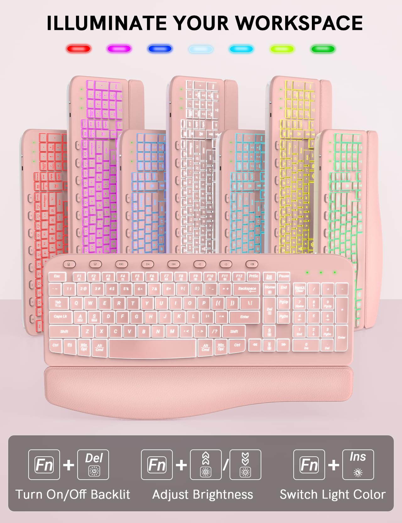 SABLUTE Wireless Keyboard and Mouse Combo Ergonomic - MA12Pro Wave Keyboard with Leather Wrist Rest for Comfortable Typing, RGB Backlit Rechargeable for Windows, Mac, PC, Laptop (Pink)