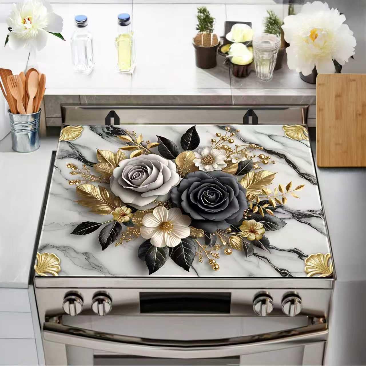 Flower Stove Top Cover for Electric Stove, Rose Range Covers, Black White Range Top Mat, Gold Flower Leaf Cooktop Cover 28x20 inch, Marble Pattern Cooktop Covers for Kitchen Holiday Home Decor