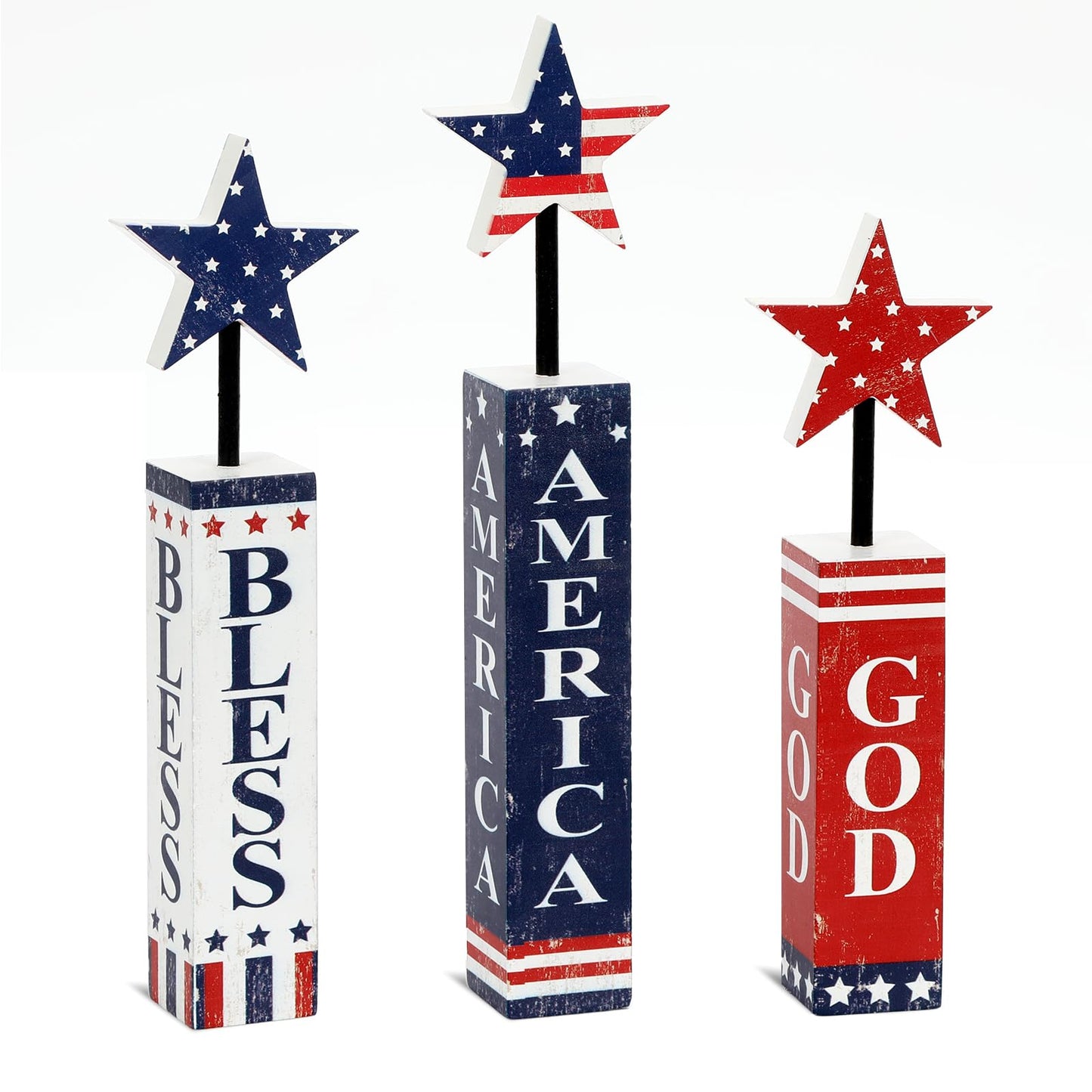 4th of July Table Decorations Wooden Patriotic Tiered Tray Decor 3 Pcs Memorial Day Decorations Red White Blue Centerpieces USA Star Wood Blocks for 250th Anniversary Independence Day Home Office