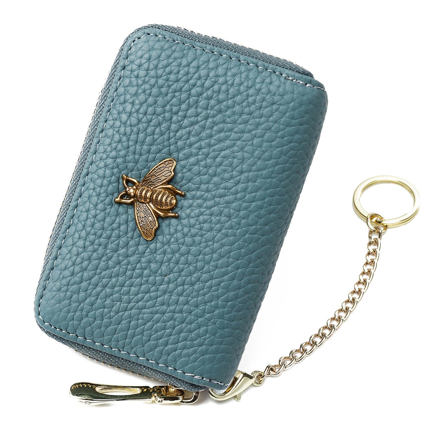 imeetu RFID Credit Card Holder, Small Leather Zipper Card Case Wallet with Keychain and ID Window for Women (Pro,Peacock Blue)