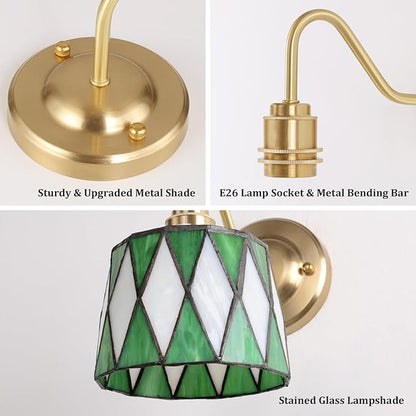 Vintage Battery Operated Wall Sconce Set of 2, 5000mAh Rechargeable Wall Lamp 12 RGB Colors Dimmable, Gold Lights Fixture for Bedroom Bathroom Living Room Hallway Green Checker