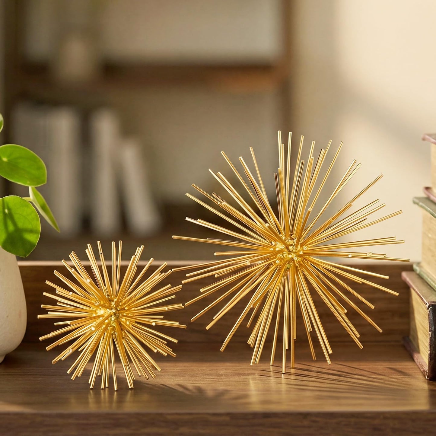 ElaraBerry 2 Pcs 4.2" and 6" Gold Sphere Decor, Metal Gold Starburst Tabletop Sculpture Decor, Modern Metal Starburst Centerpiece, Star Burst Ball Decoration for Home Decoration