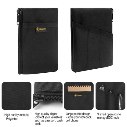 Kosibate EDC Pouch with Notebook Slot, EDC Organizer for Knife, Flashlight, Passport, Pen, Card - Men's Slim Pocket Organizer for Daily Carry, Fits 3.5 x 5.5 Inch Notebook (Black)