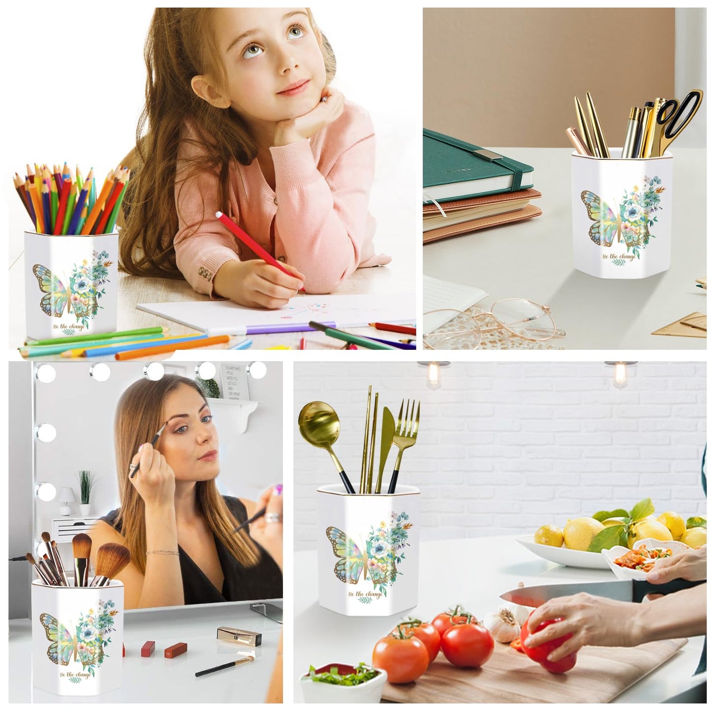 WAVEYU Pencil Pen Holder for Desk, Ceramic Cute Makeup Brush Holder, Desktop Supplies and Accessories for Women Students, Art Supply Caddy, Butterfly Pattern