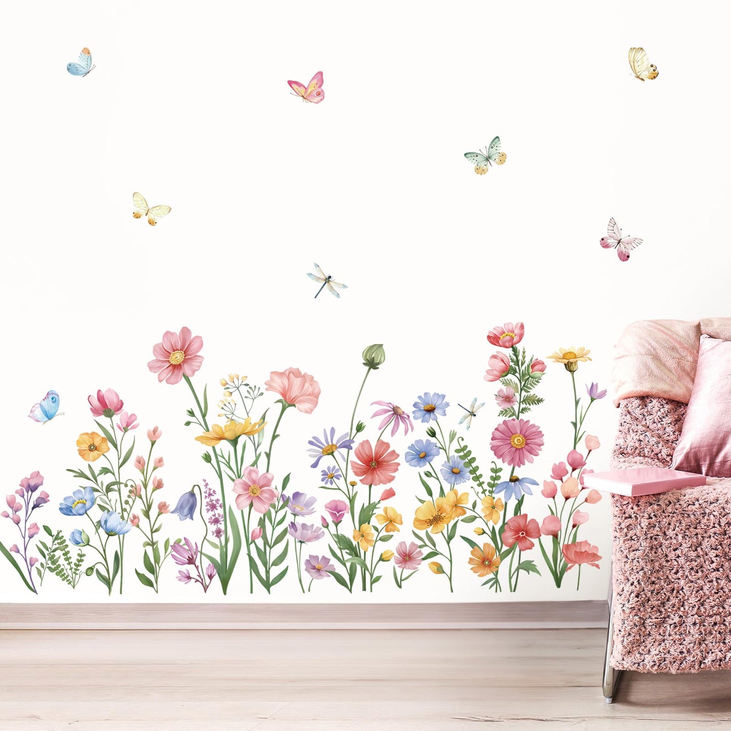 wondever Pink Wildflower Wall Stickers Garden Flower Daisy Butterflies Floral Botanical Wall Art Decals for Bedroom Living Room Sofa