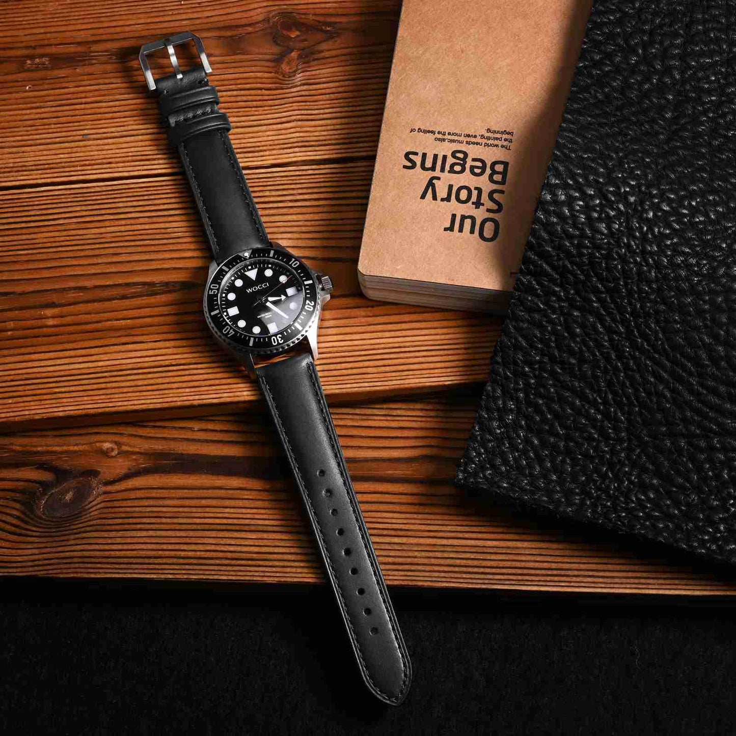 WOCCI 18mm Watch Band, Genuine Leather, Quick Release Replacement Strap, Black Buckle (Black)