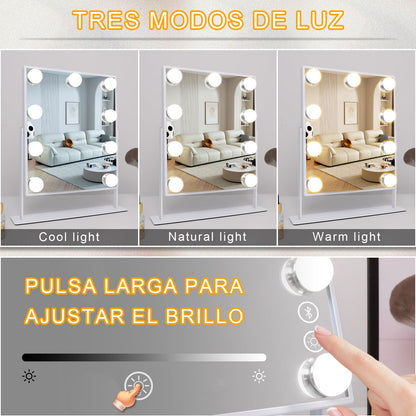 FENCHILIN Vanity Mirror with Light Lighted Makeup Mirror Vanity Makeup Mirror Smart Touch Control 3Colors Dimable Light Detachable 10X Magnification 360°Rotation(White)