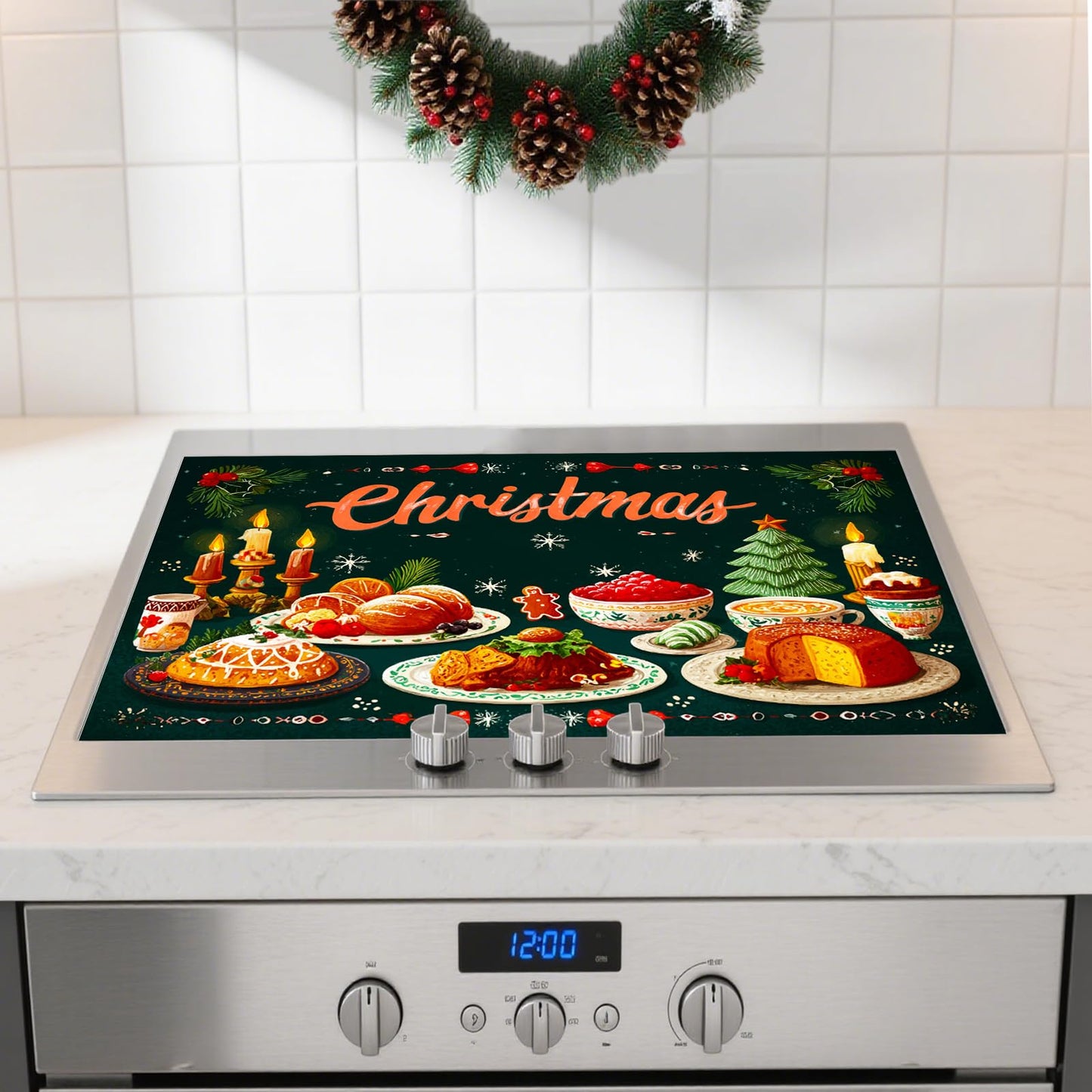 Nuxovilar Christmas Stove Top Cover 28.35×20.47 Inch – Christmas Feast Illustration for Holiday Kitchen Decor – Festive Stove Burner Cover, Polyester & Diatom Mud Blend