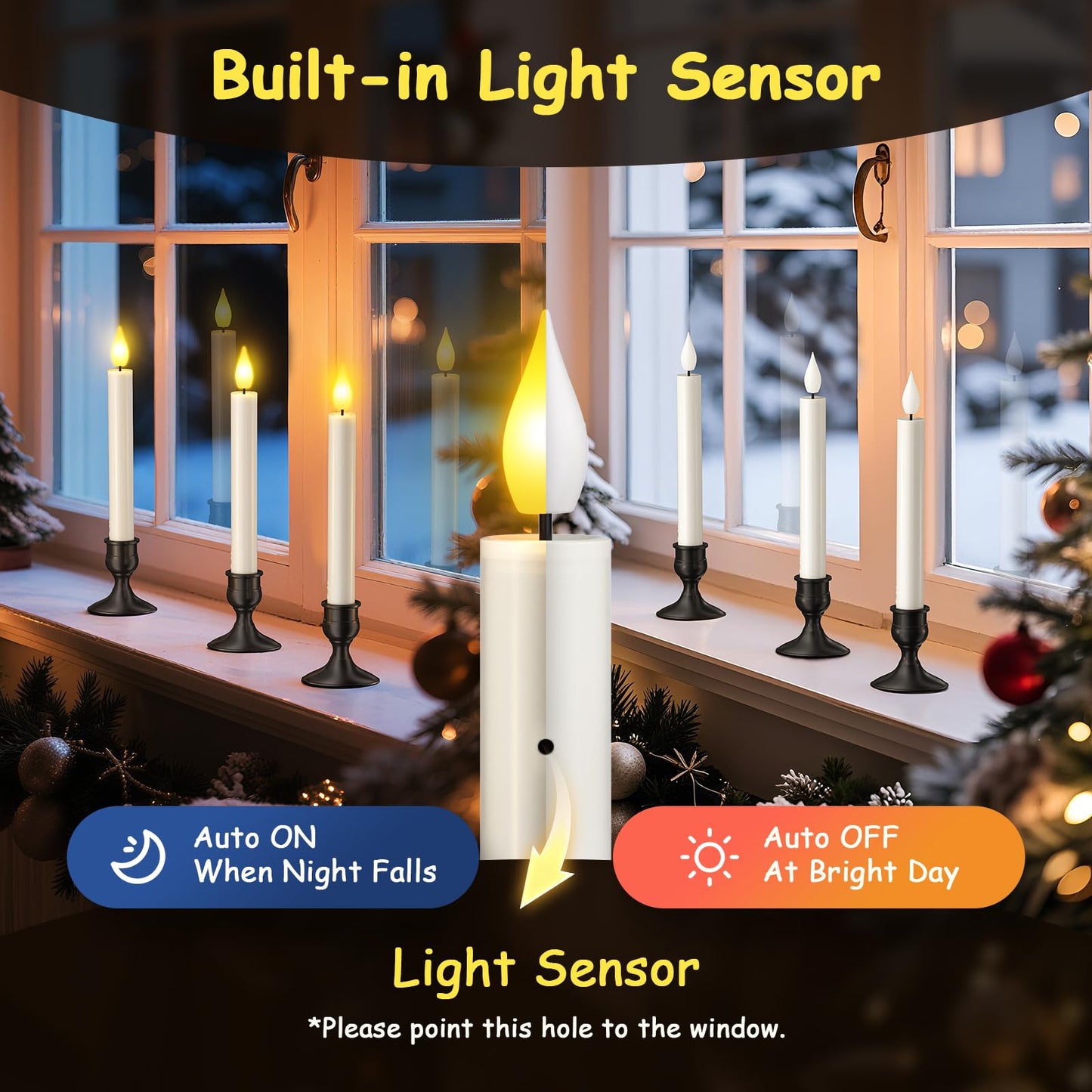 Yme 10 PCS Flameless Taper Candles with Dusk to Dawn Sensor, 7.2" Window Candles Battery Operated with Holders, LED Candle Sticks Christmas Window Lights for Christmas Halloween Holiday Home Decor