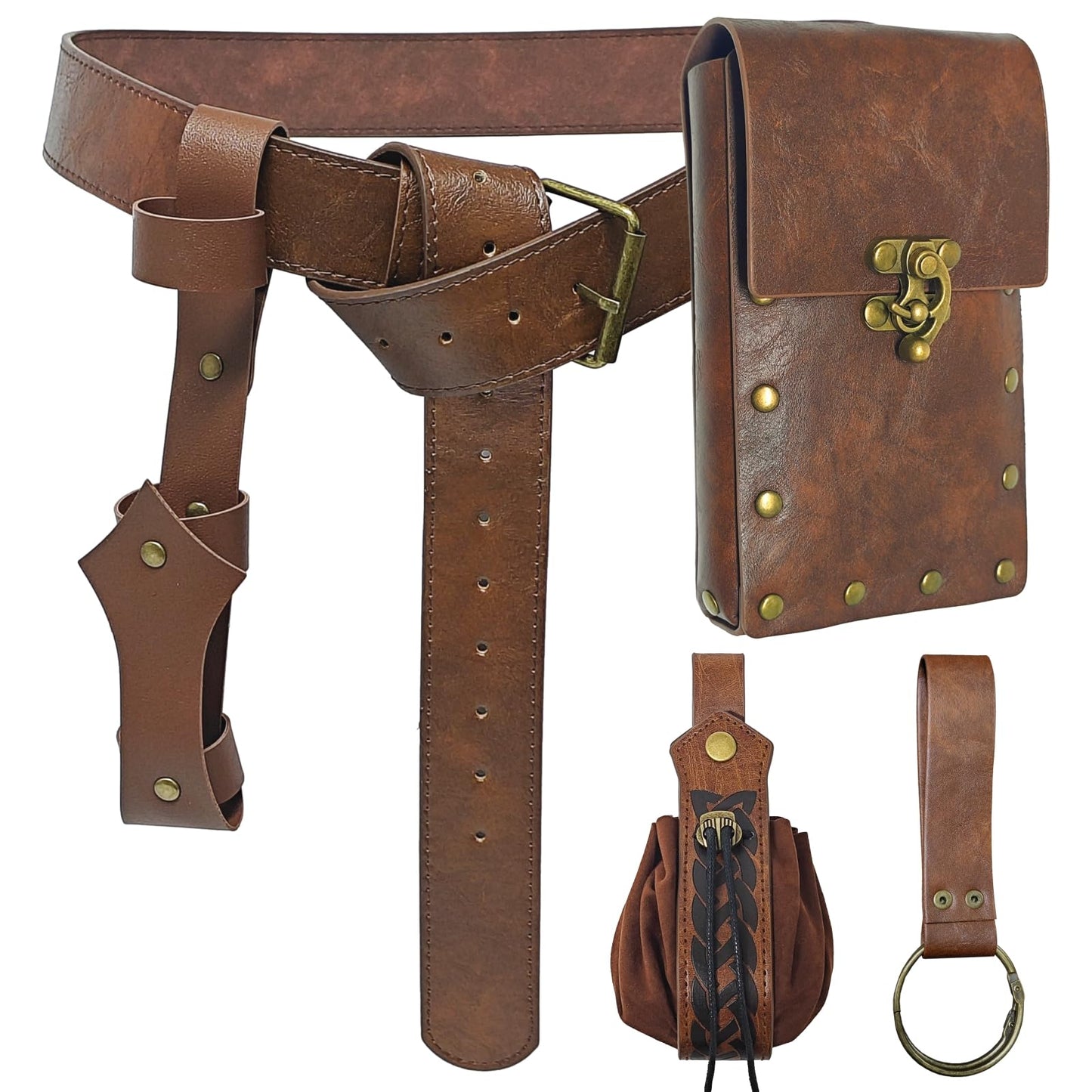 5PCS Renaissance Accessories, Medieval Viking Leather Belt Set Phone Pouch, Waist Bag, Keychain, Fan Case & Belt for Halloween Cosplay LARP Ren Faire Pirate Costume Accessories, Brown