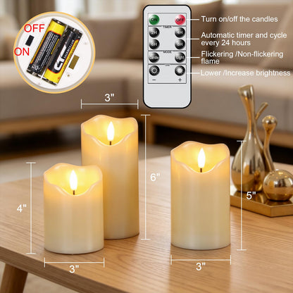 Wondise Flameless Flickering Candles with Remote and Timer, Real Wax Battery Operated Ivory LED Candles with 3D Wick for Home Fall Wedding Birthday Christmas Decoration, Set of 3(Ivory)