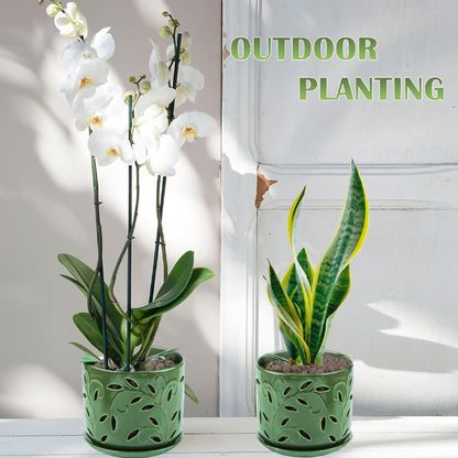 BUYMAX Set of 2 Orchid Pots with Holes & Saucers for Orchid Root Health, 5 inch&6 inch Ceramic Pots for Plants (Patina)