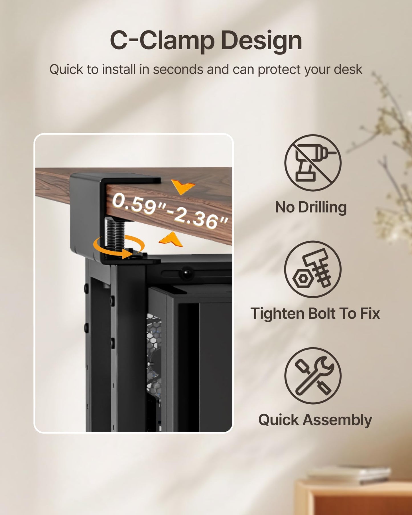 monTEK 66 LBS Heavy-Duty Under Desk PC Mount, Adjustable No-Drill PC Mount with Protective Pads,16.1"-25.6" H, Ideal for Office Home Classroom, Black