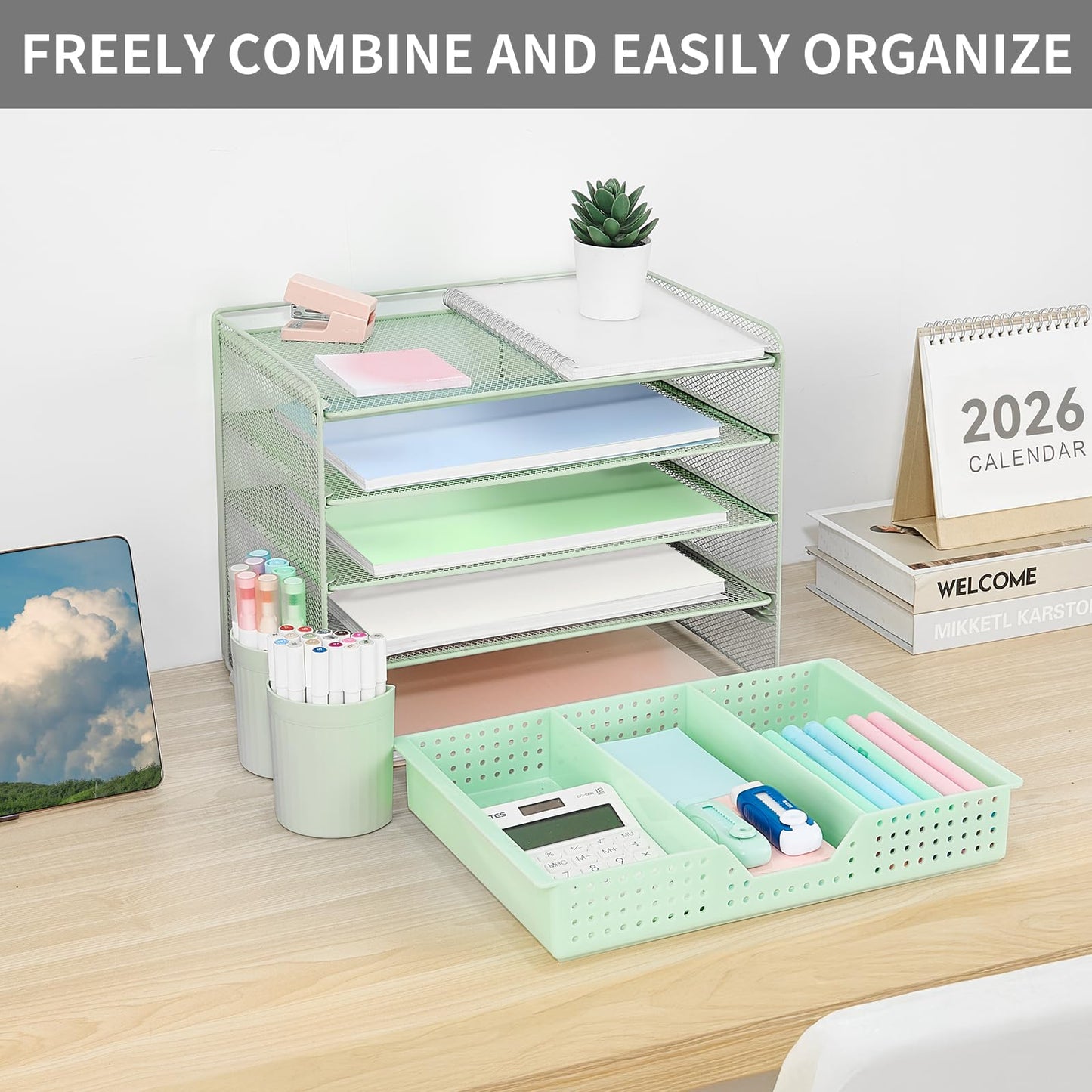 LEKETREE Desk Organizers and Accessories, 5-Tier Paper Letter Tray Organizer with Drawer & 2 Pen Holders, Desktop Organizer for Office Supplies (Green)