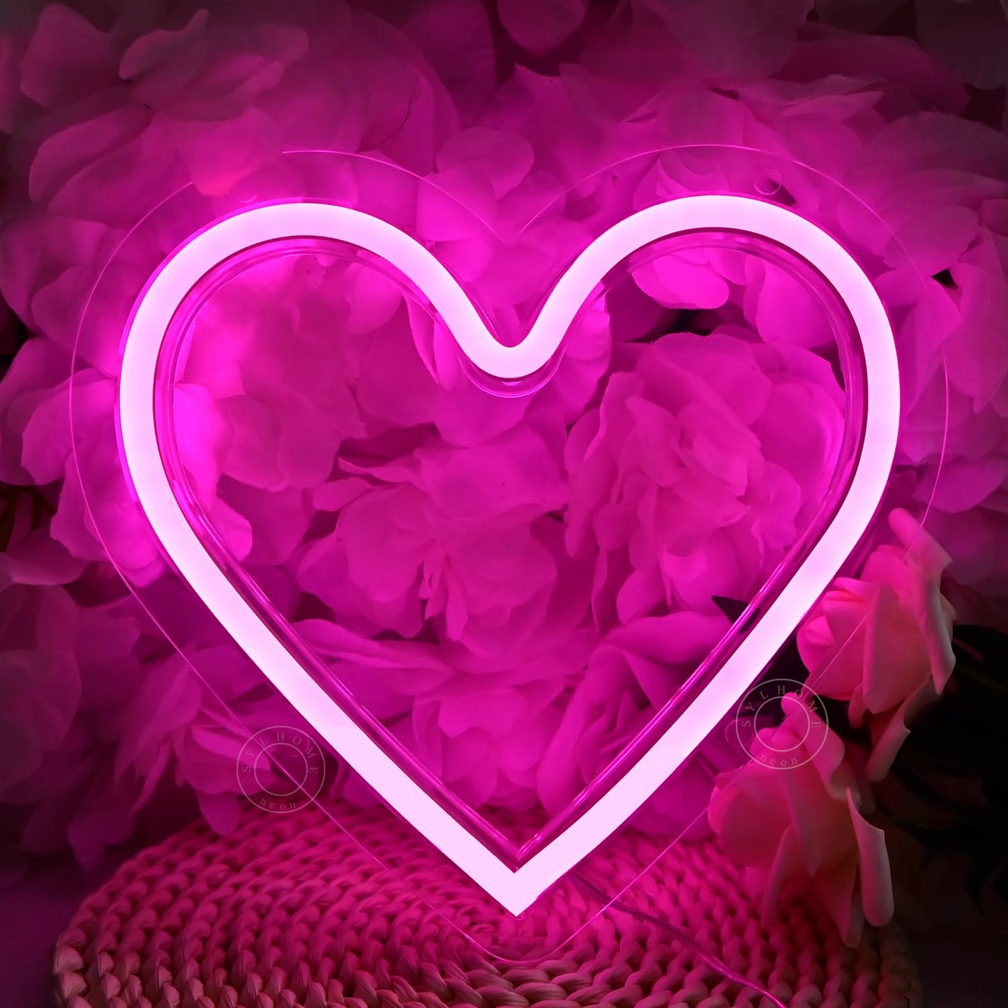 SYLHOME Pink Heart Led Neon Light Sign Battery Operated or USB Powered Bedroom Wedding Wall Sign Decor Valentines Day Birthday Anniversary Sign USB 7.87" X 7.28"
