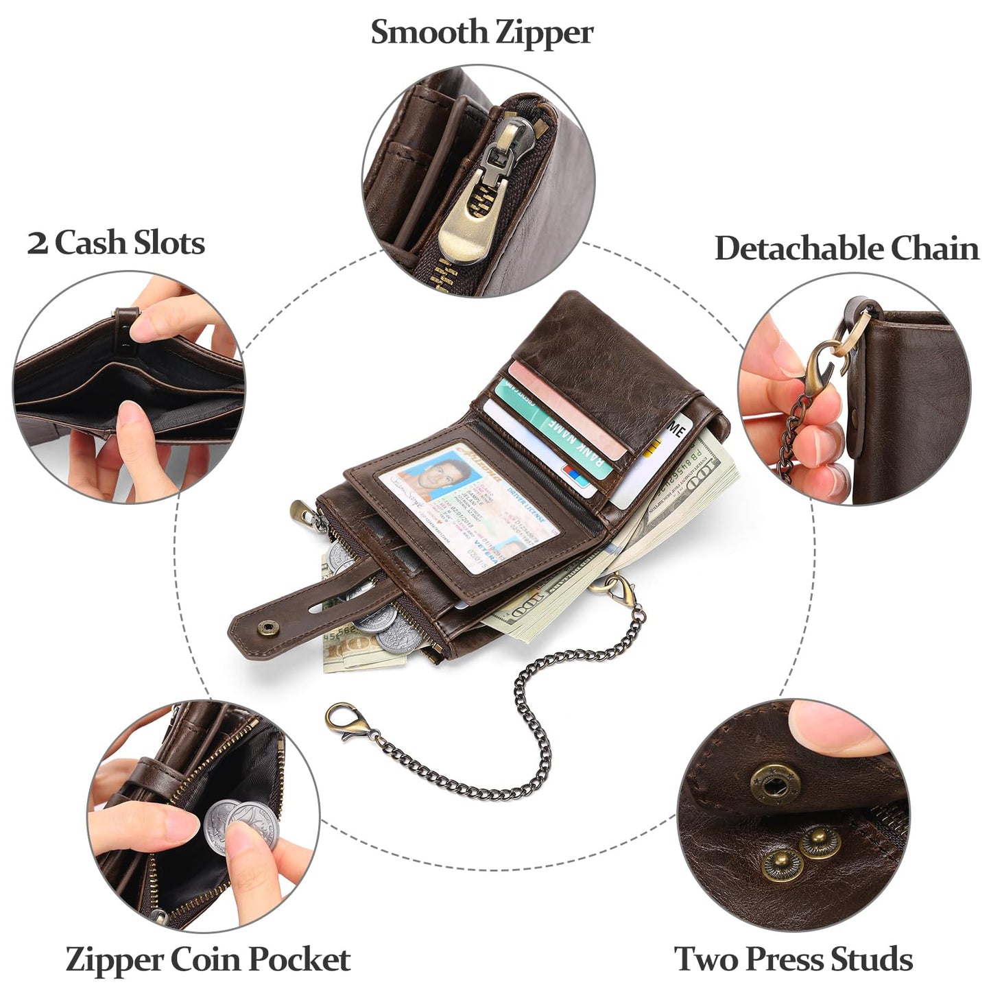 Men's RFID Blocking Bifold Chain Wallet Genuine Leather with Coin Pocket High Security Design (Coffee1)