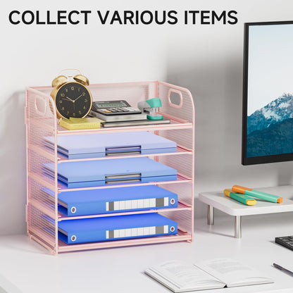 Kinkota 5 Tier Paper Organizer for Desk, File Organizer with Handle, Mesh Letter Tray, Paper Sorter Desk Organizer for Office Home Supplies - Pink
