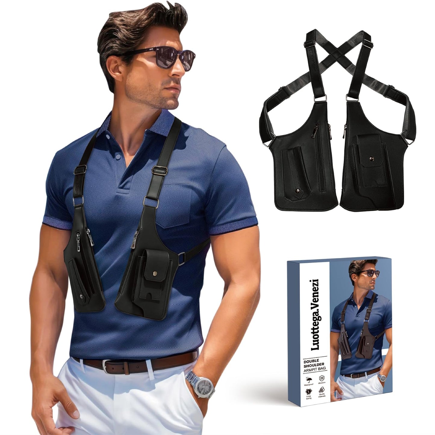Double Shoulder Armpit Bag,Underarm Shoulder Bag for Men, Anti-Theft Underarm Wallet Pocket Holster Phone Leisure Double Shoulder Pouch,Multi-Purpose Armpit Tactical Bag,Travel Outdoors Easter (Black)