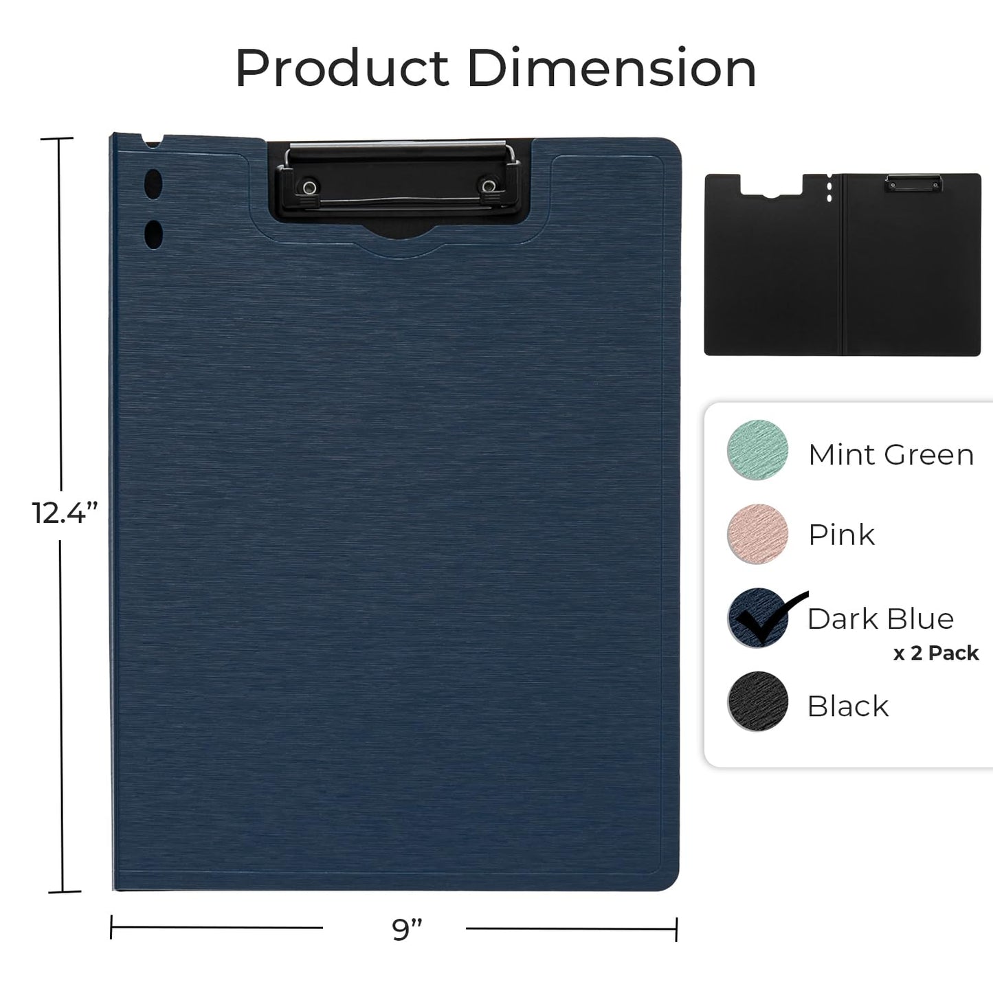 Y YOMA Clipboard Folder, A4 Foldable Plastic Clipboard with Metal Clip, 360° Rotating Cover, Waterproof Work Folder for Home, Office, School, Field Work, Outdoor - 2 Pack, Dark Blue