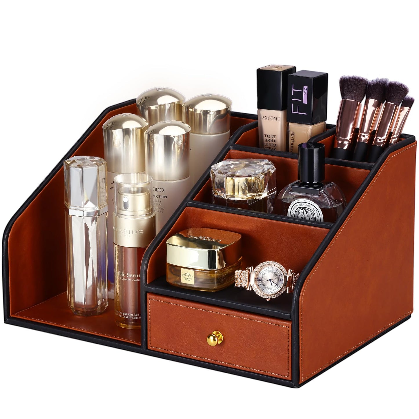 KINGFOM PU Leather Desk Organizer, Multifunction 6 Compartment Desk Organizers and Accessories for Office Supplies, Pen Pencil Holder/Book Mail Organizer Holder for Desk with Drawer (Brown)