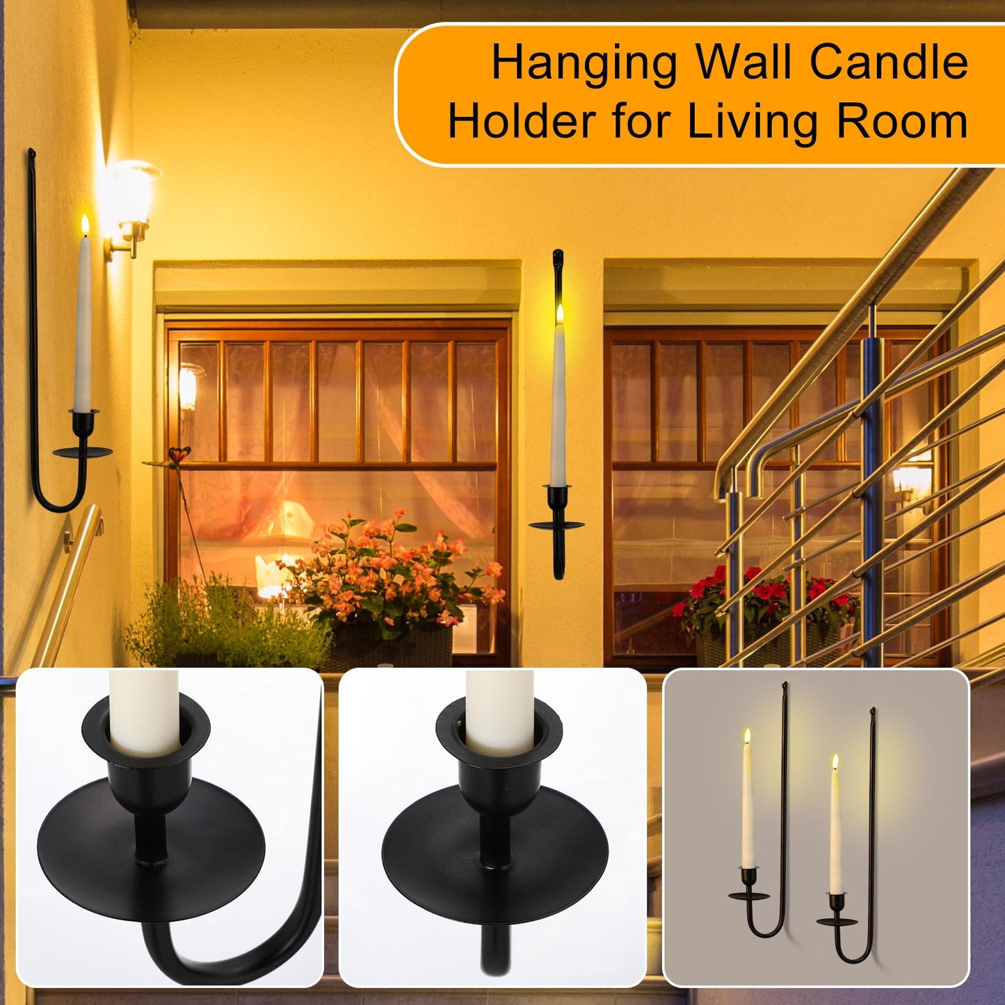 Tessco for you Metal Wall Mount Candle Sconces with 9.6" LED Flameless Taper Candles and Remote Timer 16.5" Wall Hanging Sconces Set for Living Room Fireplace Hallway Stairway(Black,2 Set)