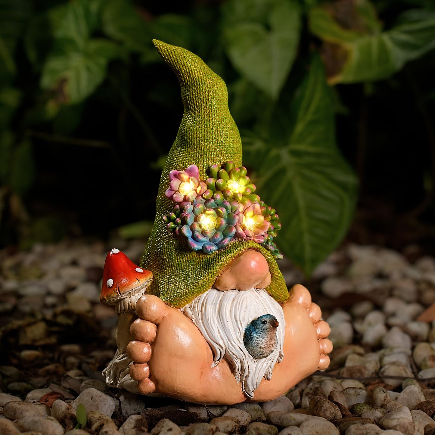 Joint Honglin Solar Succulent Gnome Garden Statue, Lighted Succulent Hat Gnome with Bird, Resin Fairy Garden Decor, Outdoor Waterproof Garden Gnome Figurine for Yard Lawn Patio Porch