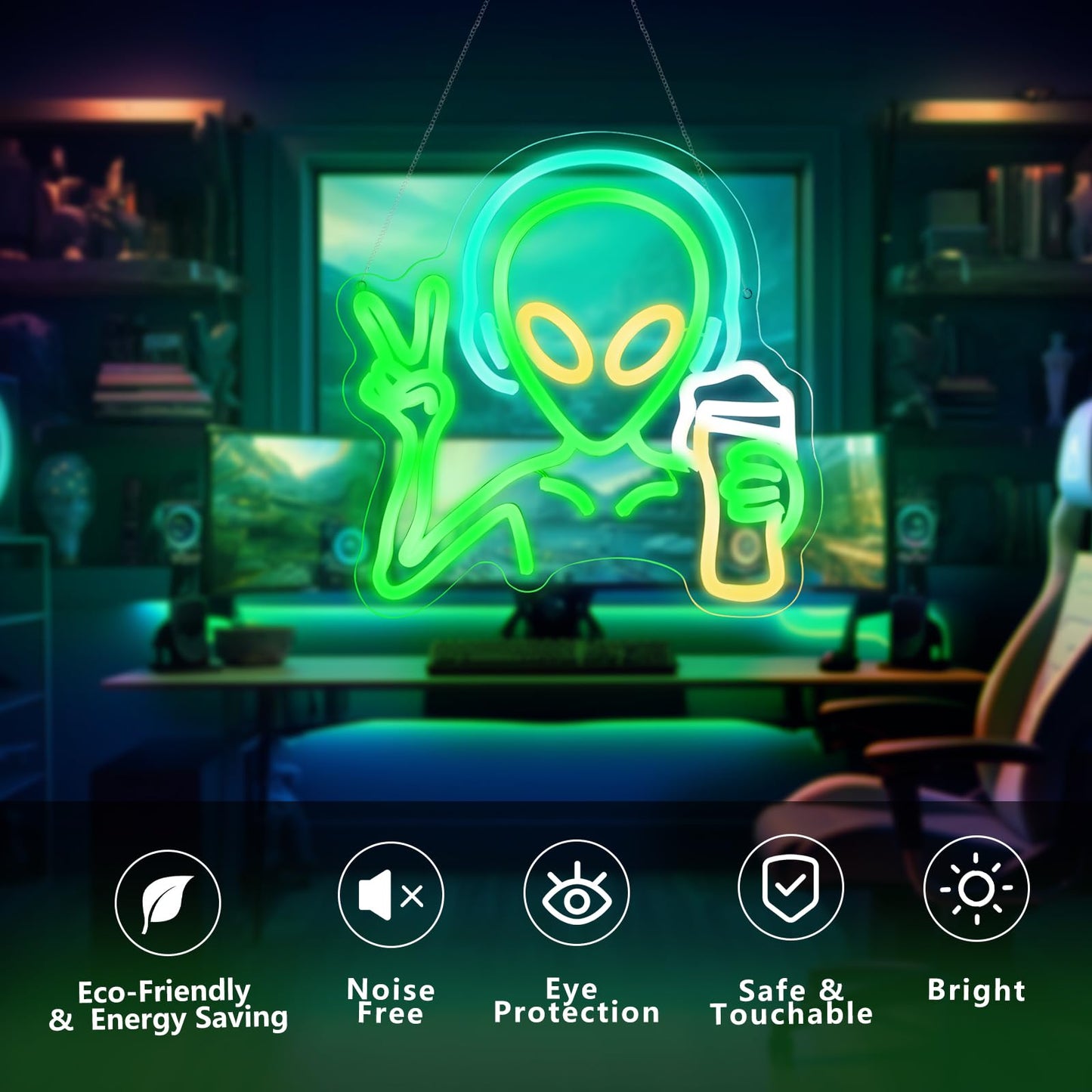 KHK Green Alien Neon Sign - USB Battery Powered LED Wall Sign for Game Room, Home Bar, Party, Bedroom & Man Cave Decor for Teens and Kids Lights Led Gaming for Boy & Girl Room Decor -Best Gamer Gifts for Boys Kids (11.8*11.8in)