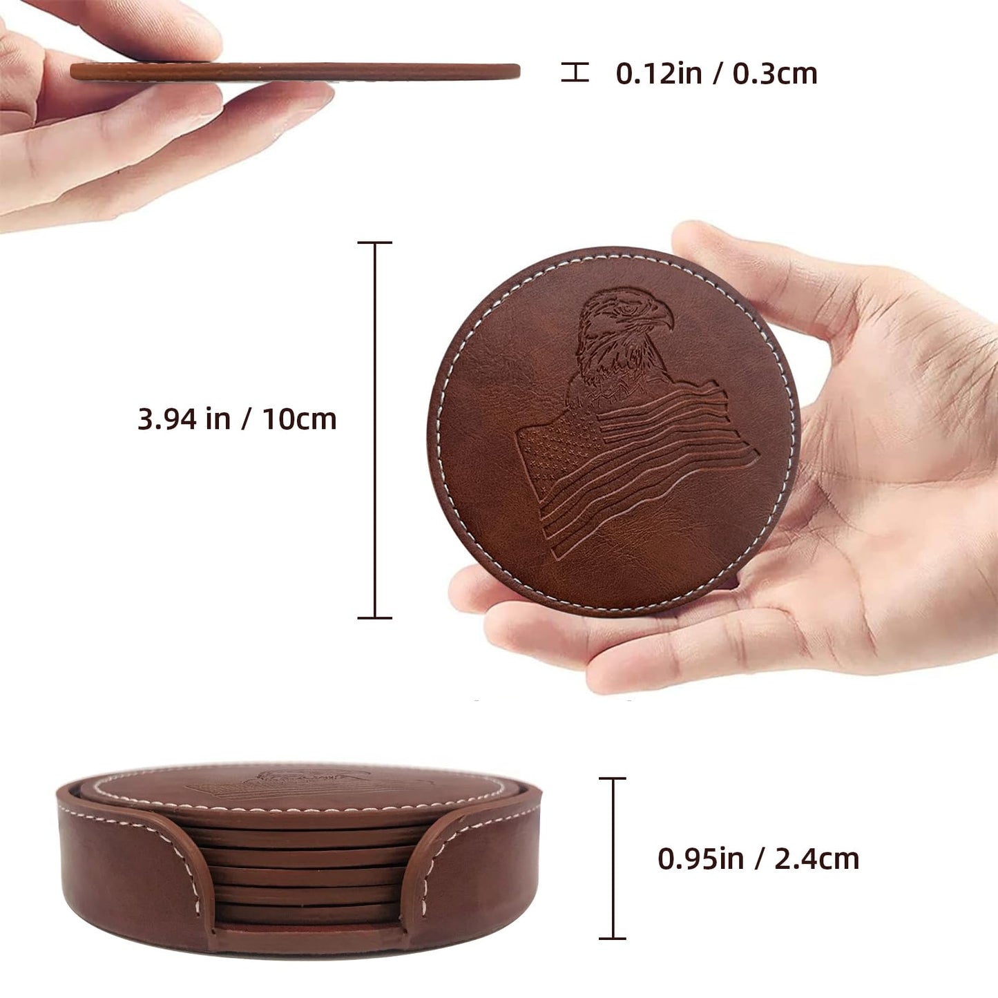 Coasters for Drinks, Wayzton Set of 6 Faux Leather Handmade Embossing Coasters with Holder Waterproof Round Cup Mat Pad for Home Office Bar Decor Housewarming Gifts