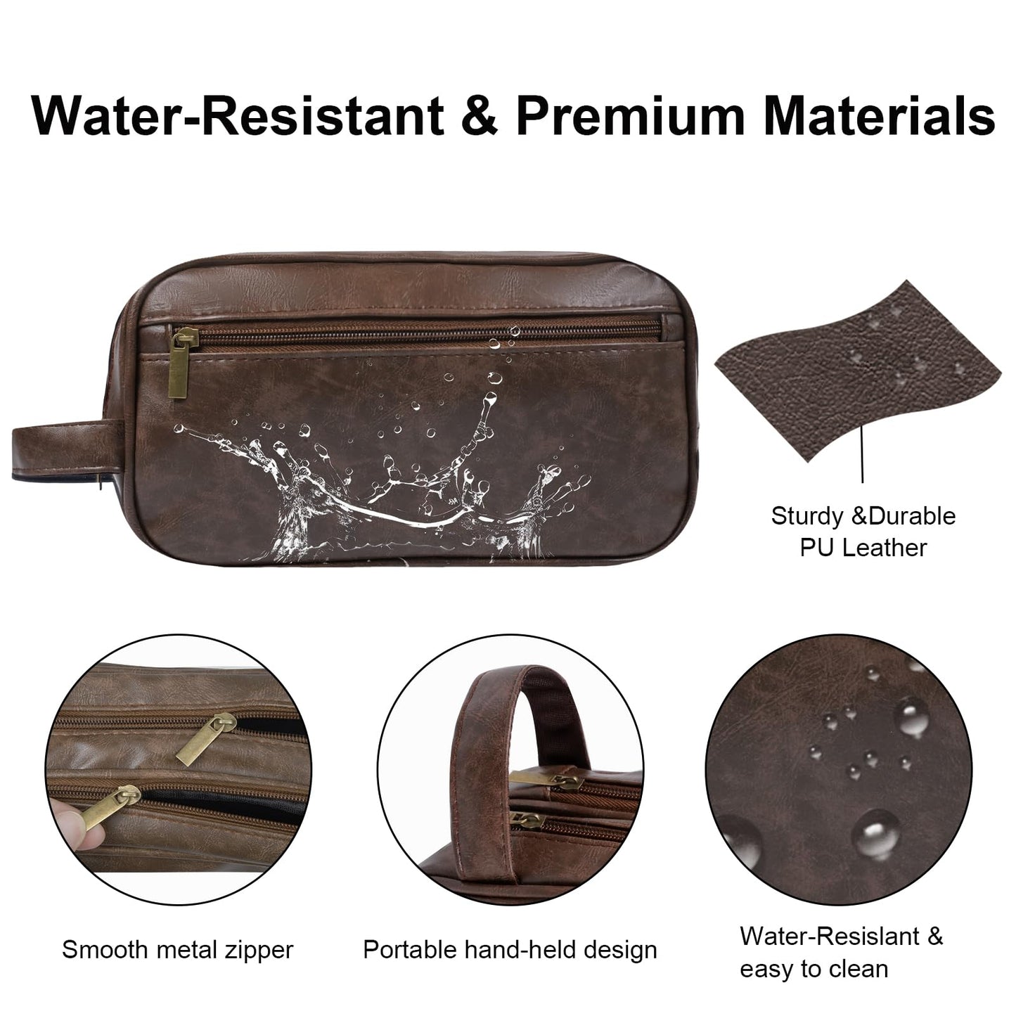 HEWTHM Mens travel toiletry bag Gift For Men, PU Leather Cosmetic Bag Water Resistant Dopp Kit Shaving Pouch Bathroom Toiletries Organizer(Coffee)