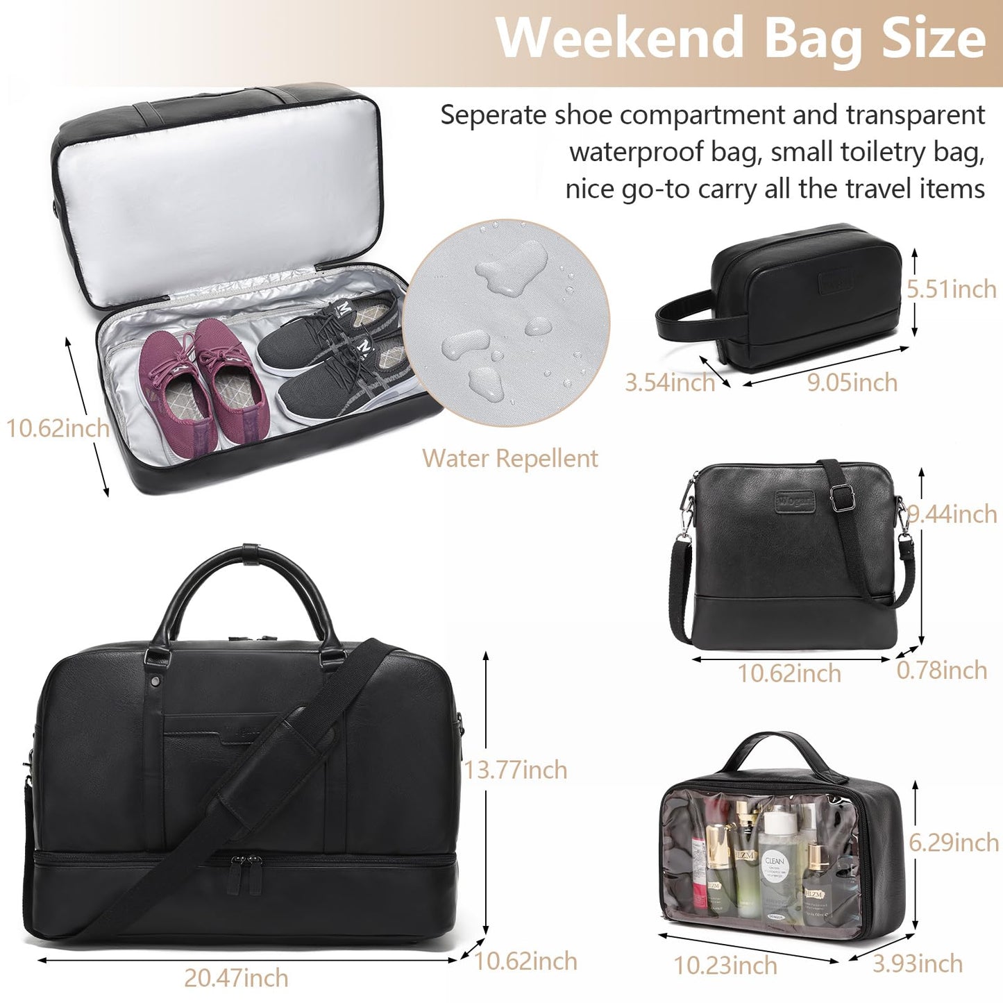 Wogarl Faux Leather Weekender Bag - Large Overnight Duffel with Shoe Compartment, Toiletry Satchel, Carry On Bag - Fit 21" Laptop (Black)