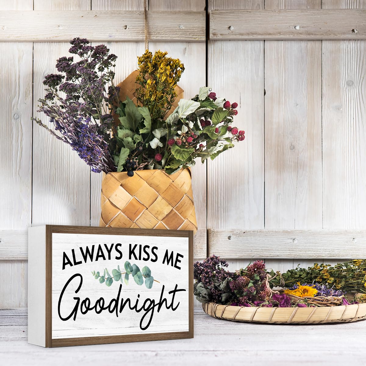 Always Kiss Me Goodnight Wooden Box Sign Desk Decor,Rustic Farmhouse Love Sign Wood Block for Home Bedroom Shelf Tabletop Wall Decor