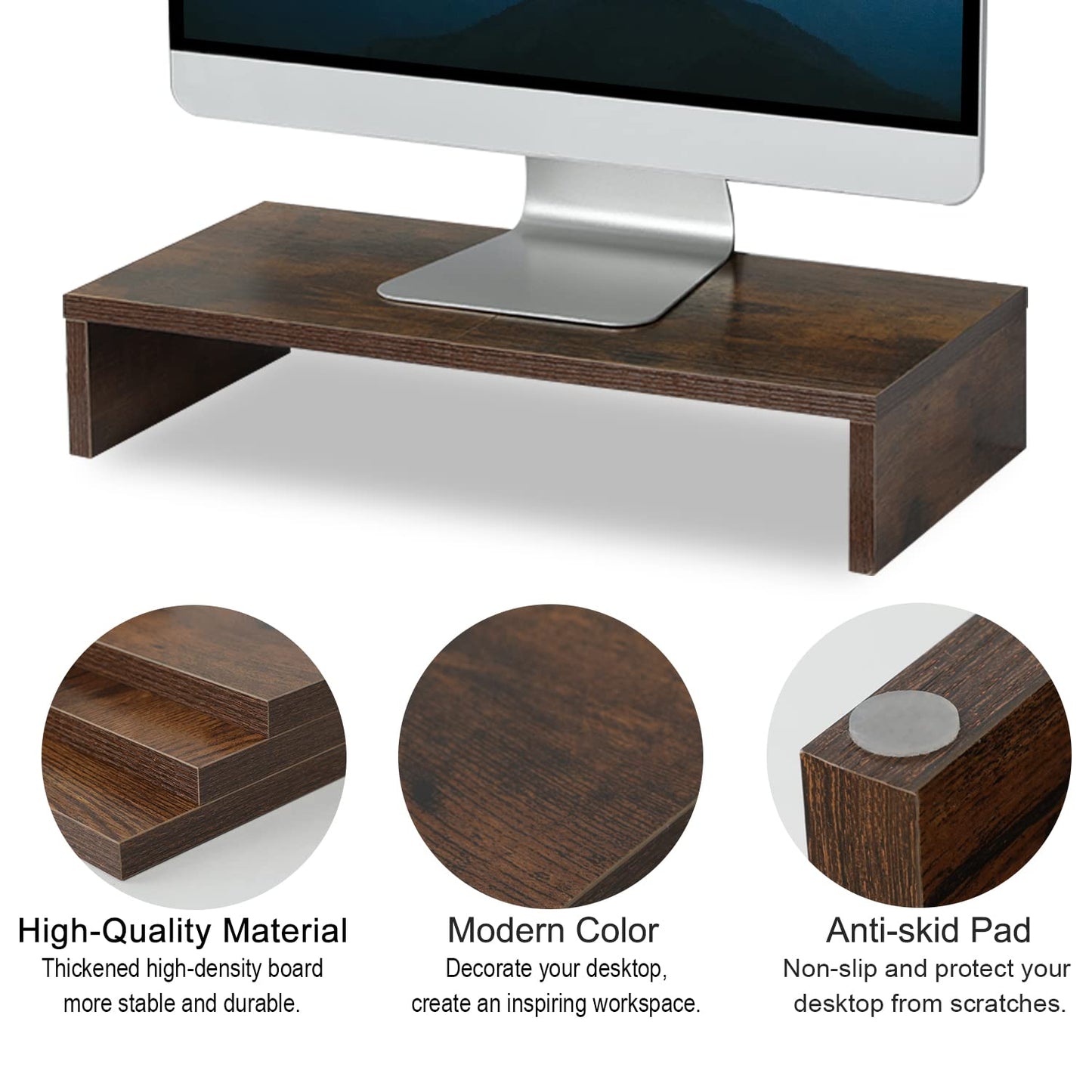 TEAMIX 20 Inch Monitor Stand Riser, Wooden Desktop Riser for TV/PC/Laptop/Printer, Rustic Brown Monitor Riser with Storage, Computer Stand Keyboard Organizer