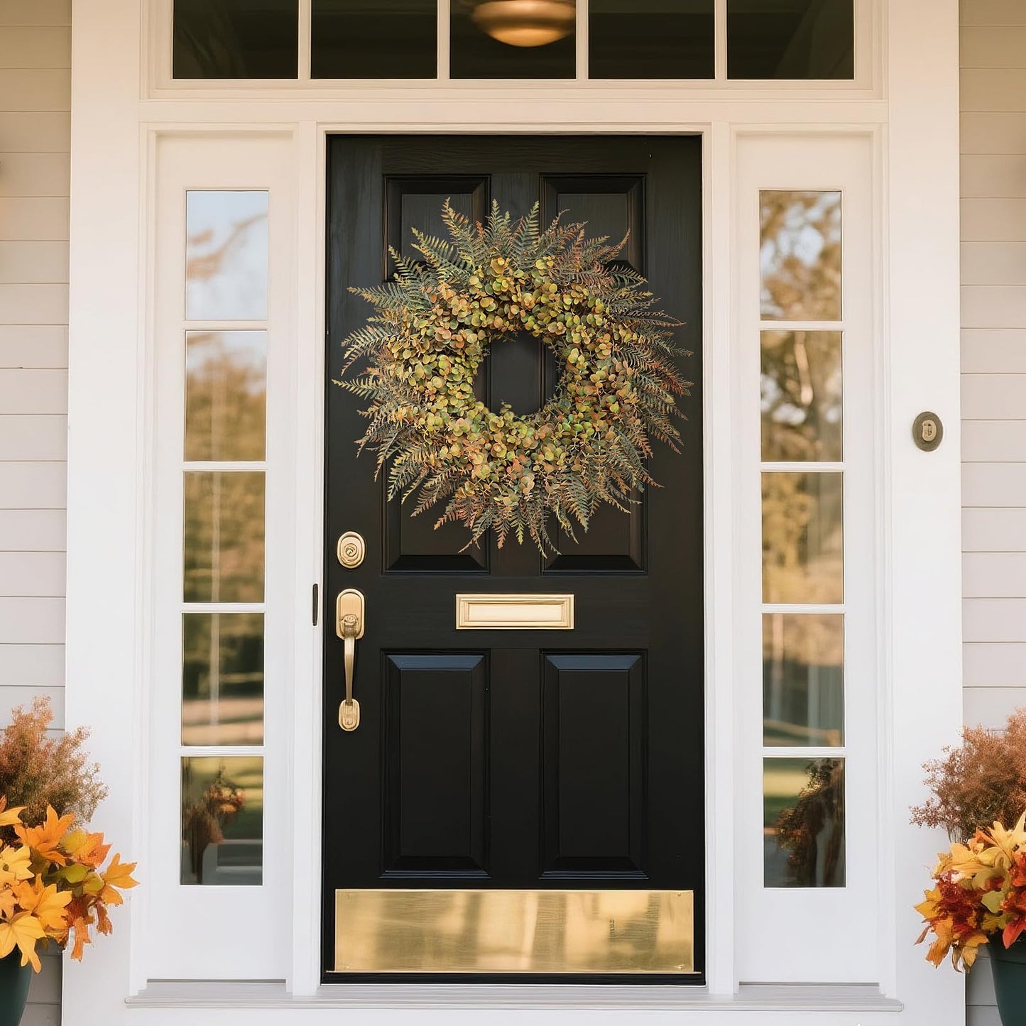 26" Fall Wreath for Front Door - Large Artificial Eucalyptus and Fake Ferns Leaves Outdoor Wreath for Porch, Window,Farmhouse,Home,Thanksgiving Day Harvest Festival Autumn Decor