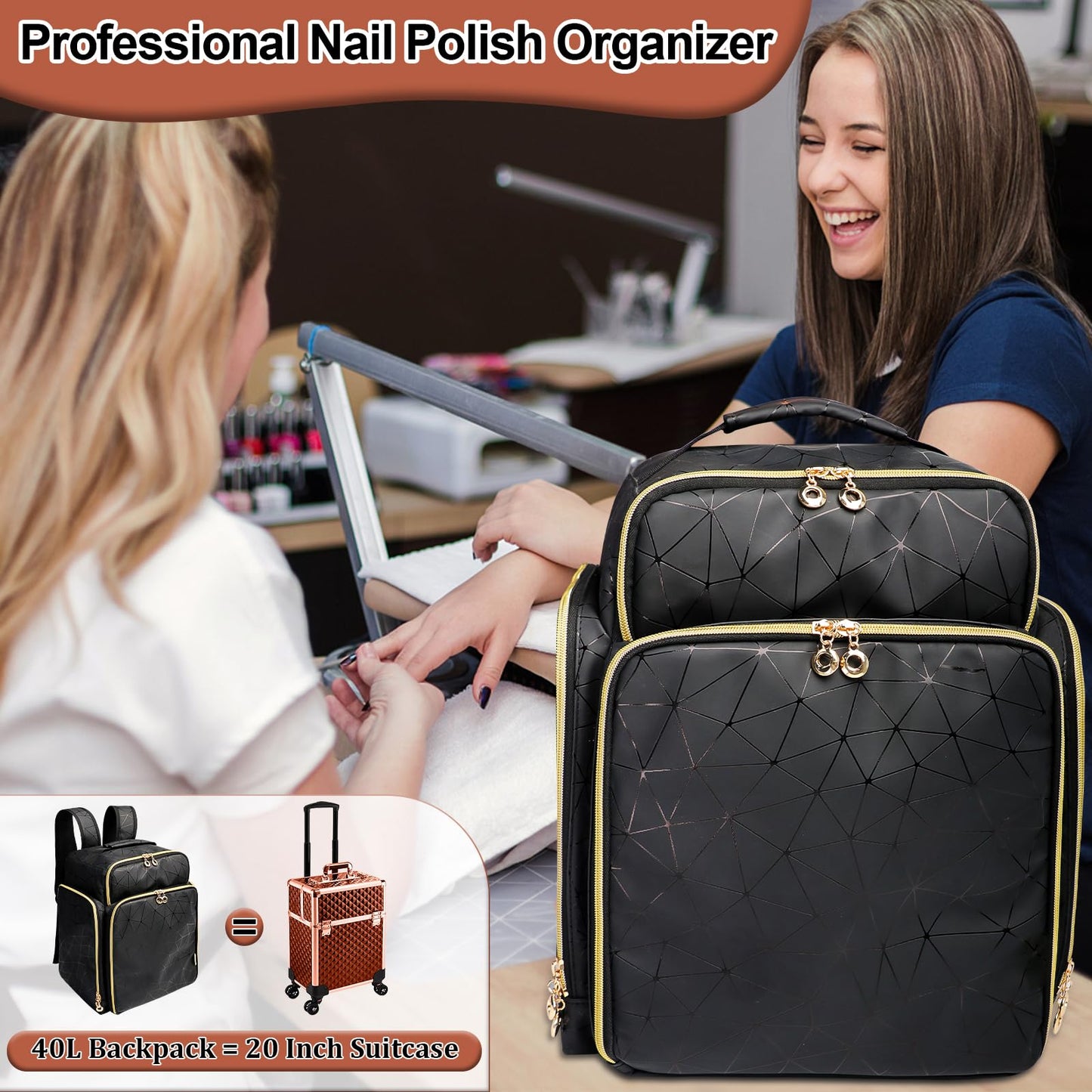 ahzske Nail Polish Organizer Backpack Holds 126 Bottles& Nail Lamp, Extra Large Nail Kit Supplies Organizer Bag with 3 Removable Cases, Portable Nail Organizers and Storage for Trave (Elegant Black)