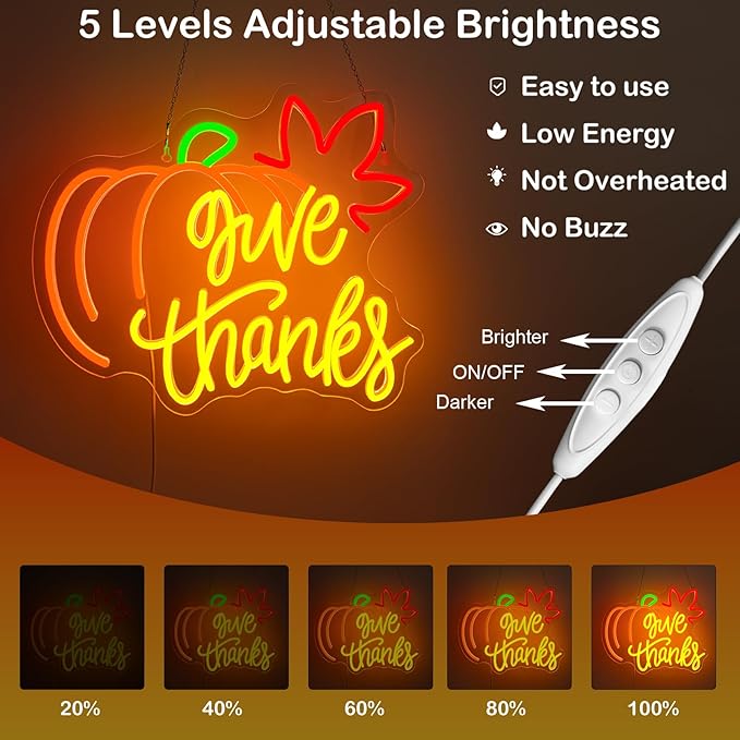 Give Thanks Neon Sign with Light Up Pumpkin LED Neon Light Fall Themed Pumpkins Decor for Bedroom Fall Wall Decor Gift for Teens and Adults
