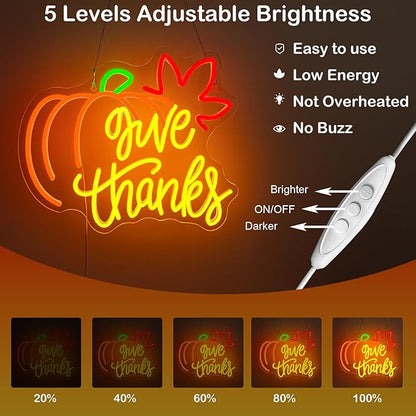 Give Thanks Neon Sign with Light Up Pumpkin LED Neon Light Fall Themed Pumpkins Decor for Bedroom Fall Wall Decor Gift for Teens and Adults