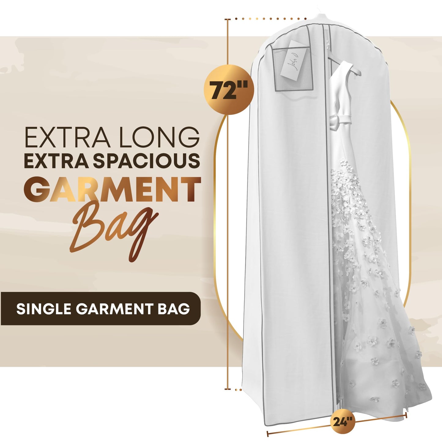 Your Bags 72” Wedding Dress Garment Bag with 20" Gusset & ID Window - Extra Large Bridal Garment Bags for Travel - Breathable, Foldable Dress Bag for Puffy Dresses, Prom & Formal Wear (White/Grey)