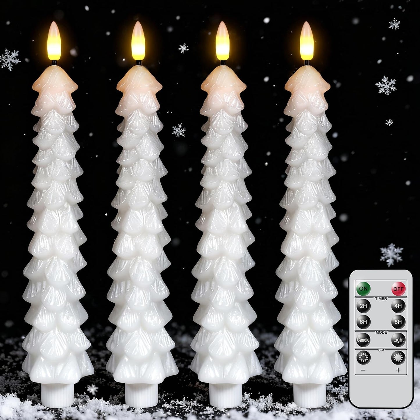 GenSwin Christmas Tree Flameless Candles with Remote Timer, White Christmas Tree LED Taper Candles with 3D Flickering Flame, 4 Pcs LED Candlesticks for Christmas Winter Home Decoration(0.78” x 9.8”)