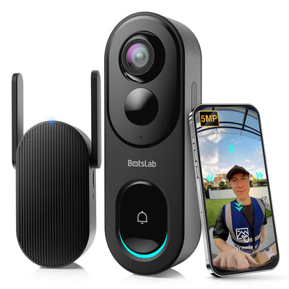 BOTSLAB Doorbell Camera Wireless, 5MP Video Doorbell with Homebase, 180°Panoramic View, No Monthly Fee, 2.4 GHz WiFi, AI Motion Detection, VR Mode