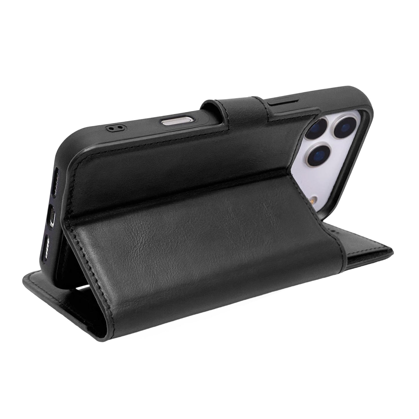 HARDISTON Genuine Leather Handmade Wallet Case Compatible with iPhone 17 Pro - MagSafe Compatible - Detachable Magnetic Flip Cover with Card Holders - Horizontal Kickstand (Black)