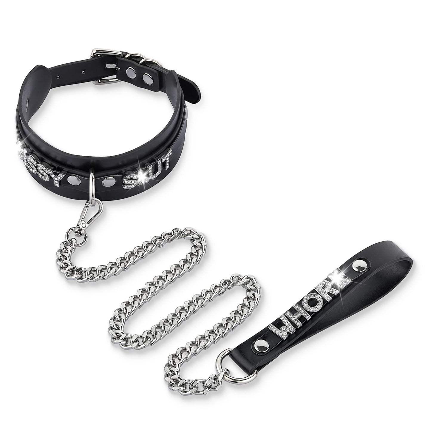 ADEMISHIA Women's Black Leather Choker Necklace with Rhinestone Letters, Adjustable Punk Gothic Custom Name D-ring Collar Jewelry For Women